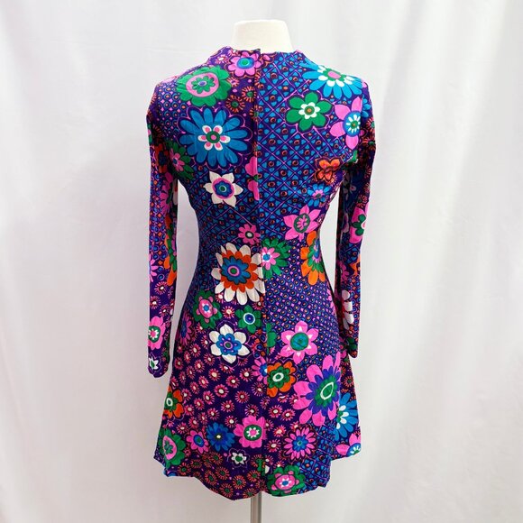 Vintage purple retro flower power groovy long sleeve dress - fits like a Medium - Picture 5 of 5